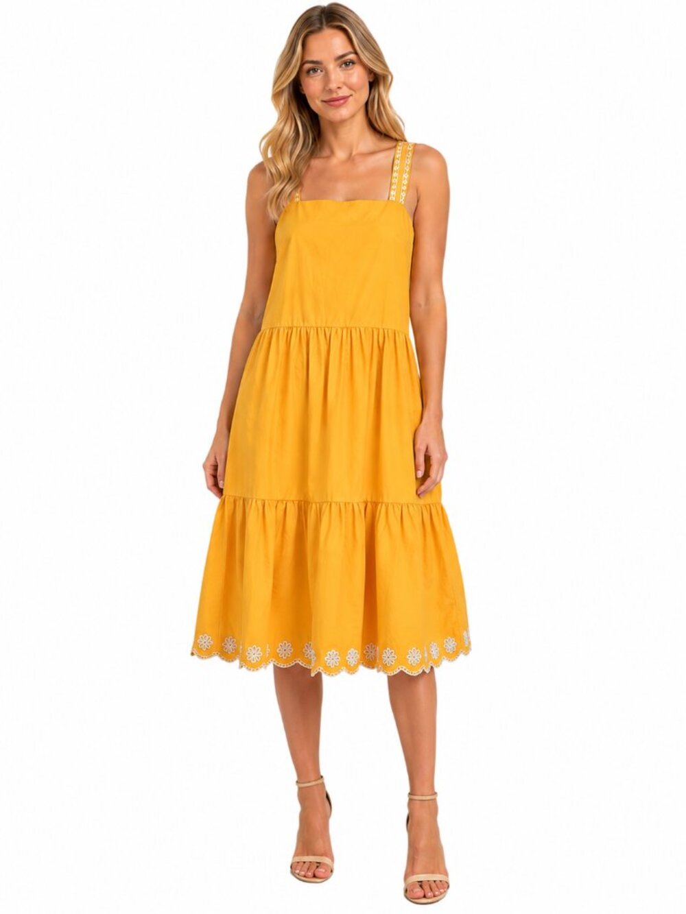 J.Crew Embroidered Scalloped Tiered Dress Saffron Sz 6